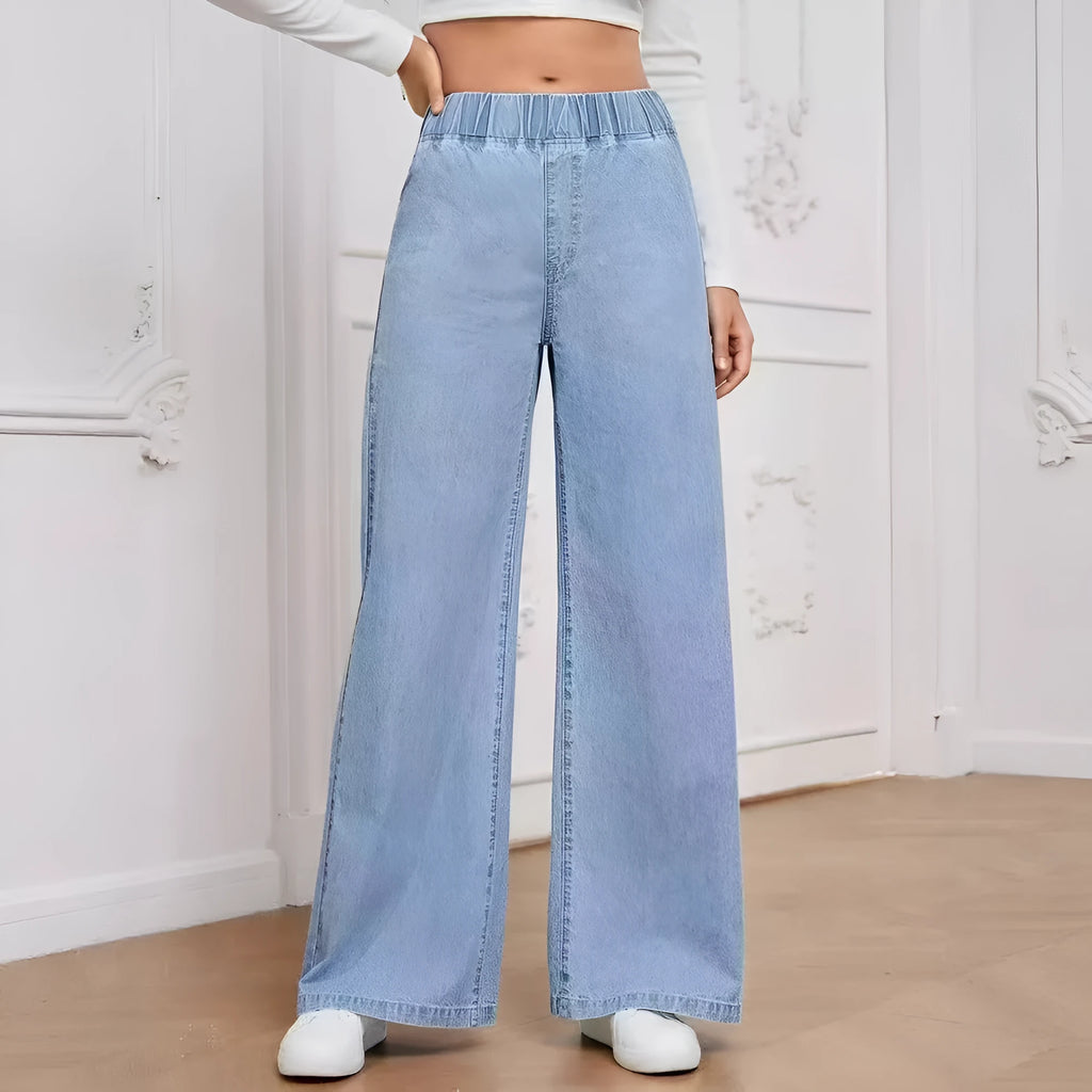 Light blue washed wide-leg plus size jeans with straight-leg design and zip fly