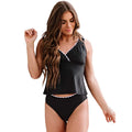 A black one-piece split swimsuit for women on a hanger, showing sleeveless design.