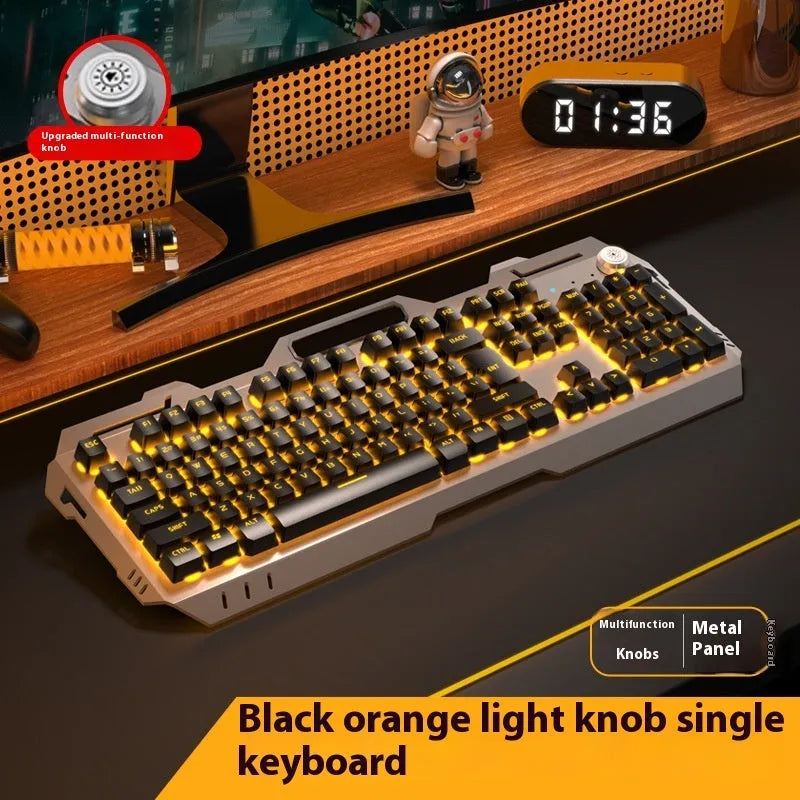 Aluminium mechanical-feel gaming keyboard with media control knob in metal grey finish