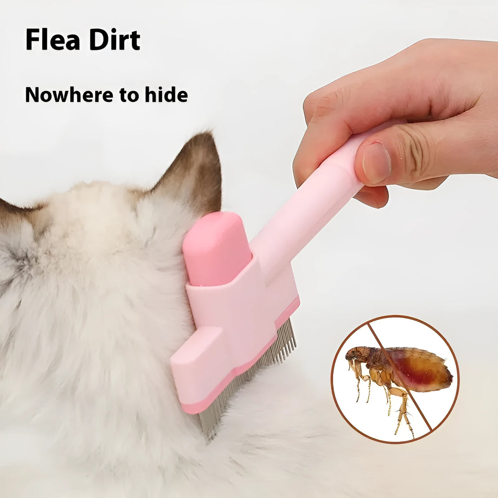 Pet flea removal comb with dense gear teeth in pink ABS plastic and stainless steel
