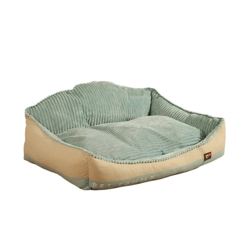 Morandi colour kennel-style washable pet bed for dogs and cats on a sofa, shown in two sizes.