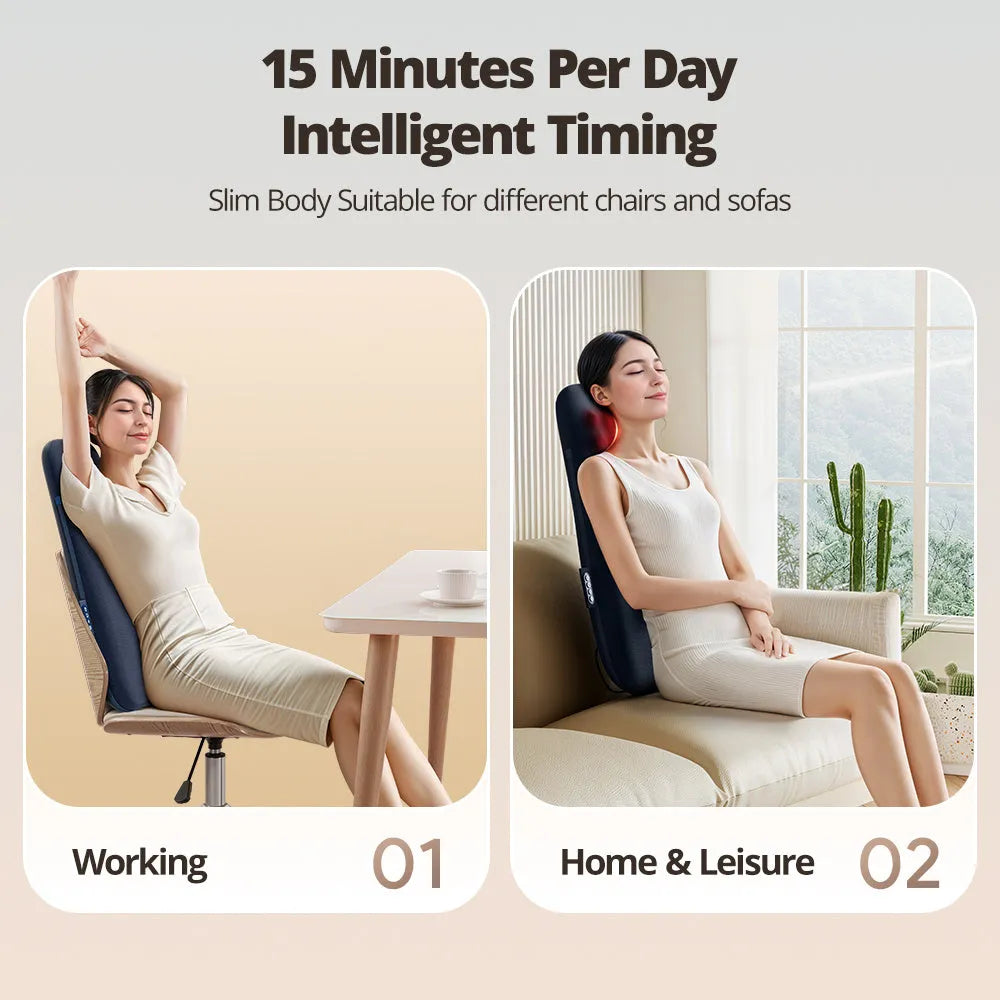 Walking massage lumbar support pillow with heat therapy and control buttons on office chair