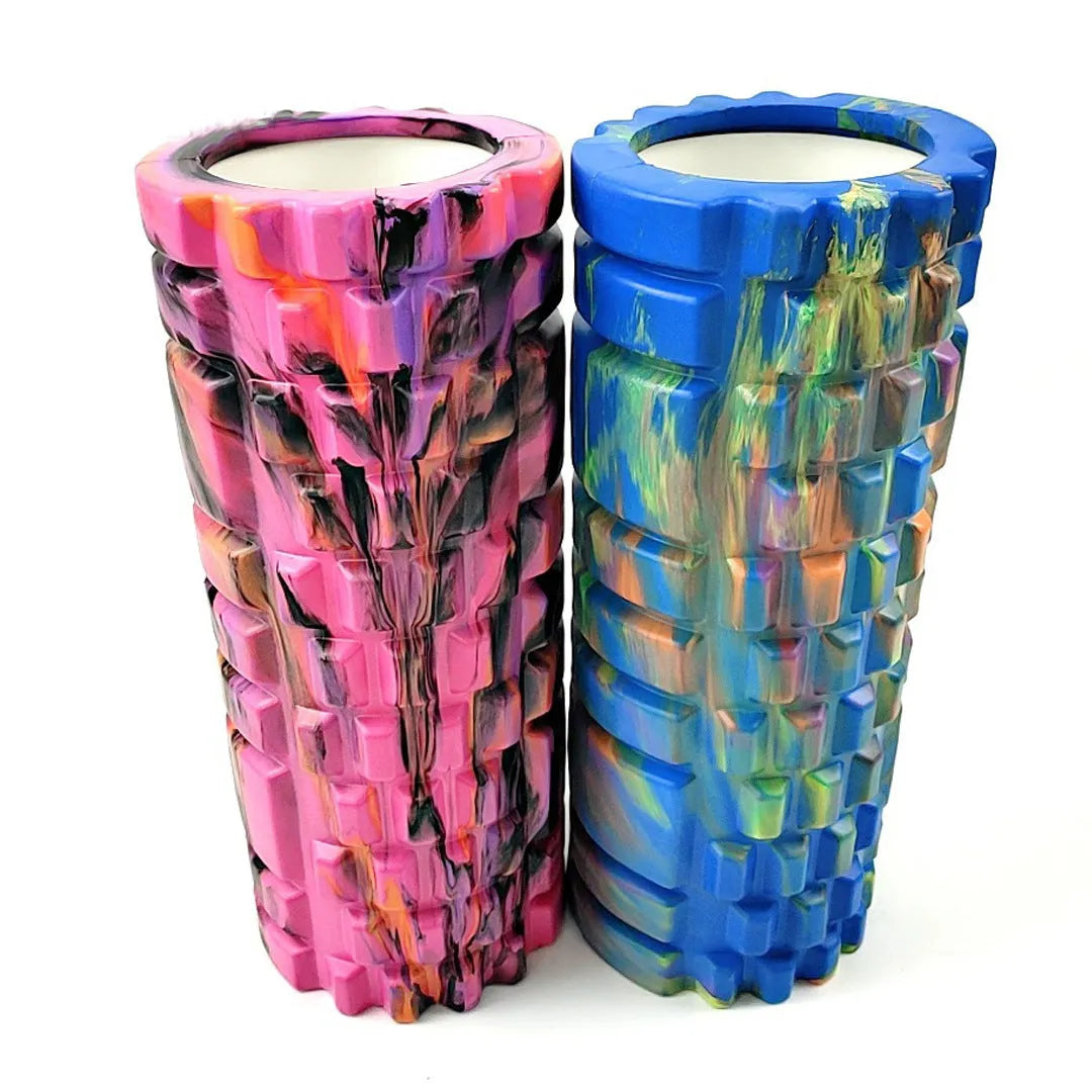33cm camouflage pattern EVA foam roller in blue, green, and yellow colours.