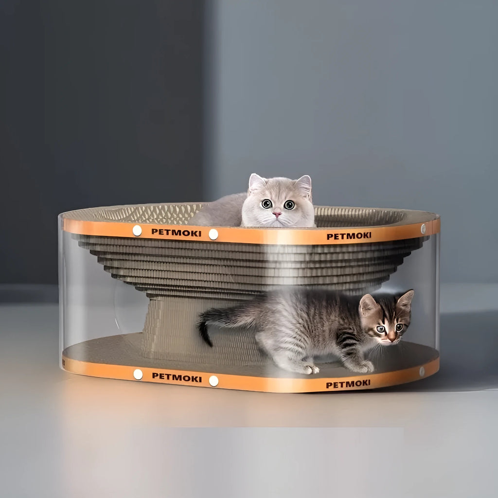 Transparent white cat scratch board nest tunnel toy with diamond design measuring 58x45x23cm