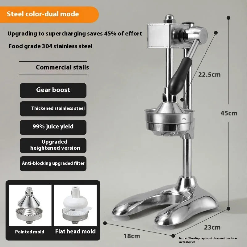 Vertical stainless steel manual juicer showing colour and head type options: pointed, flat, and double-headed.
