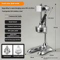 Vertical stainless steel manual juicer showing colour and head type options: pointed, flat, and double-headed.