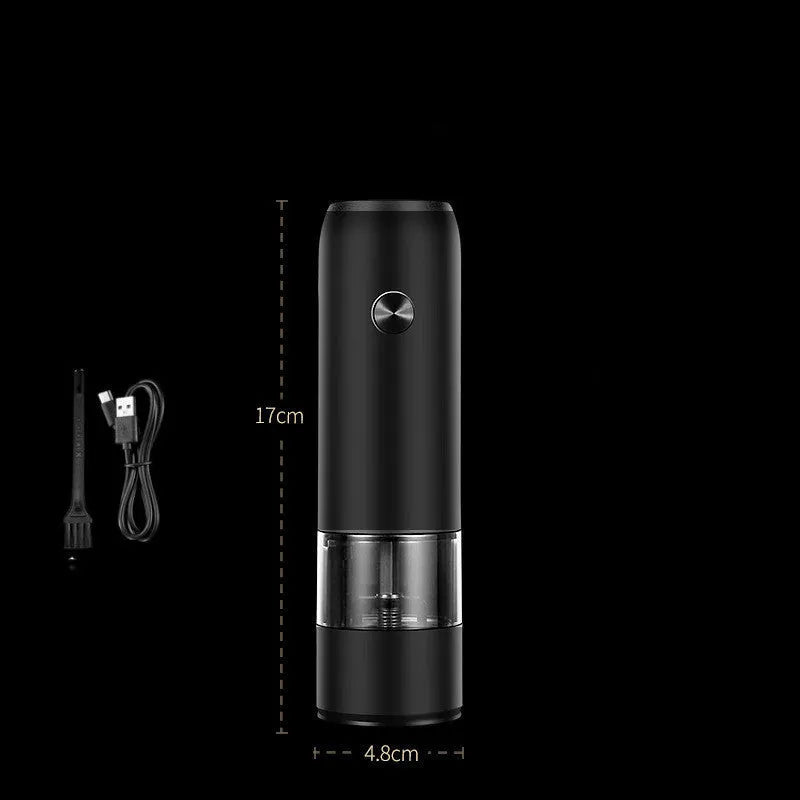 Rechargeable electric pepper and salt grinder set with clear acrylic body, LED light, and USB charging cable