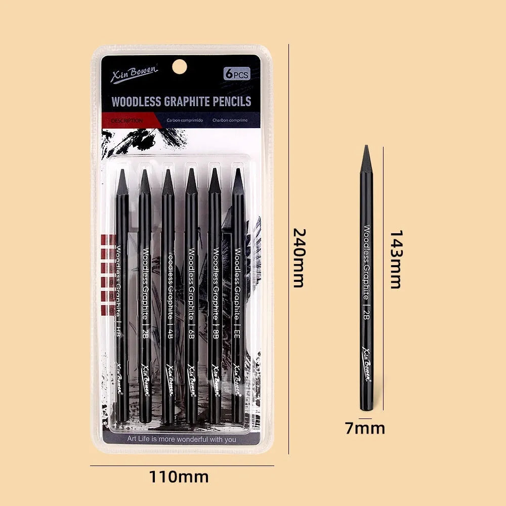 Wood-free graphite sketching pencil set showing six different grade pencils for art drawing