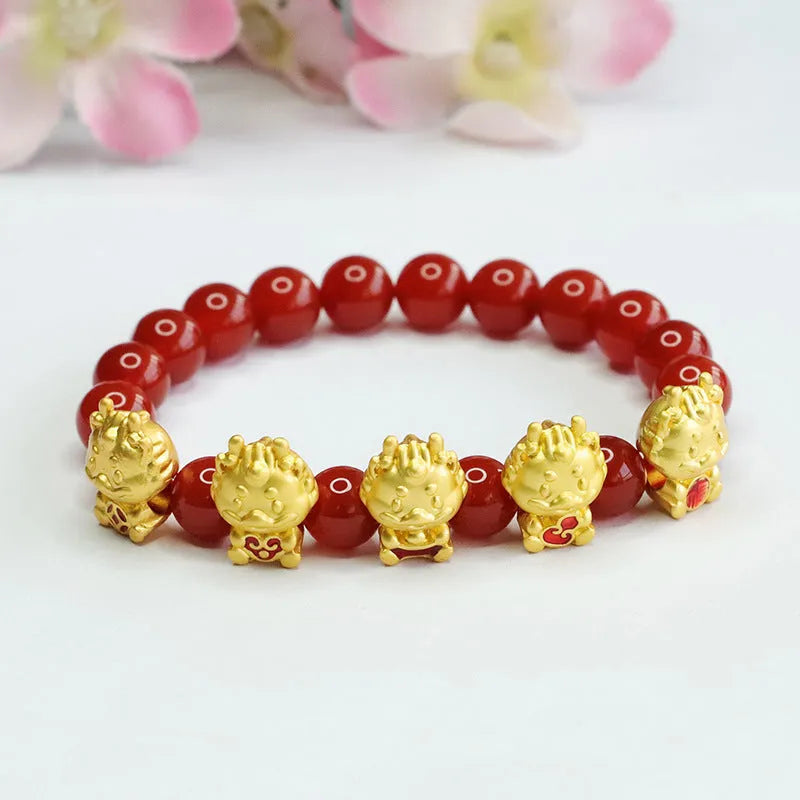 Natural red agate bracelet with Five Blessing Dragon design Chinese style jewellery 8mm diameter