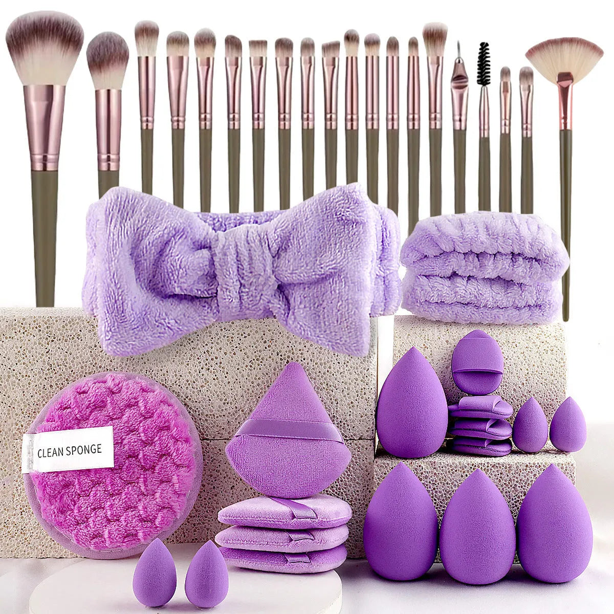 40-piece beauty tools set with hydrophilic non-latex face wash and makeup tools in brown, pink and purple colour options