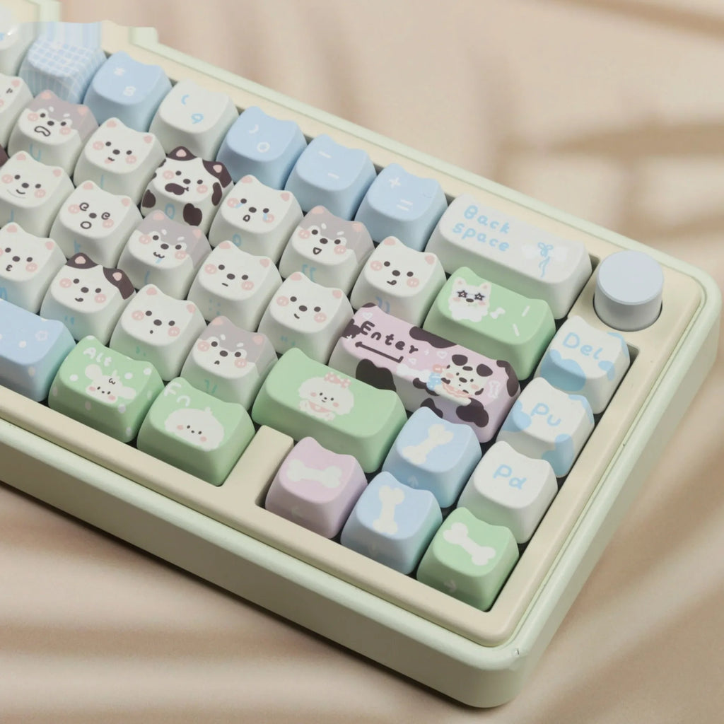 PBT key cap set with cat and puppy sublimation designs for mechanical keyboard customisation