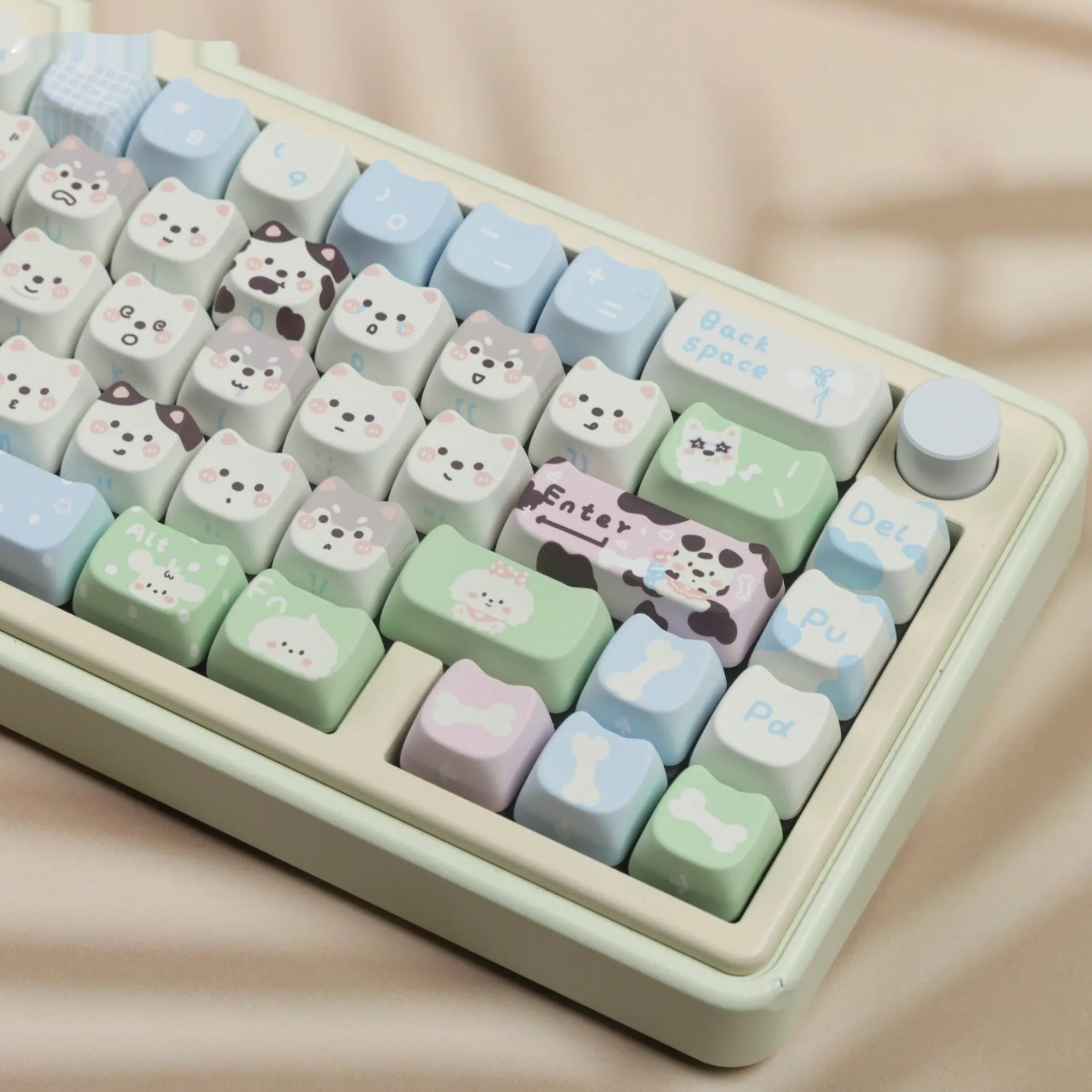 PBT key cap set with cat and puppy sublimation designs for mechanical keyboard customisation