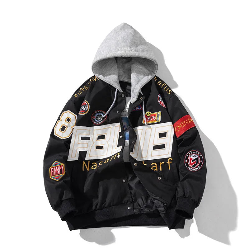 Black American motorcycle baseball jacket with removable hood and side pocket on a mannequin.
