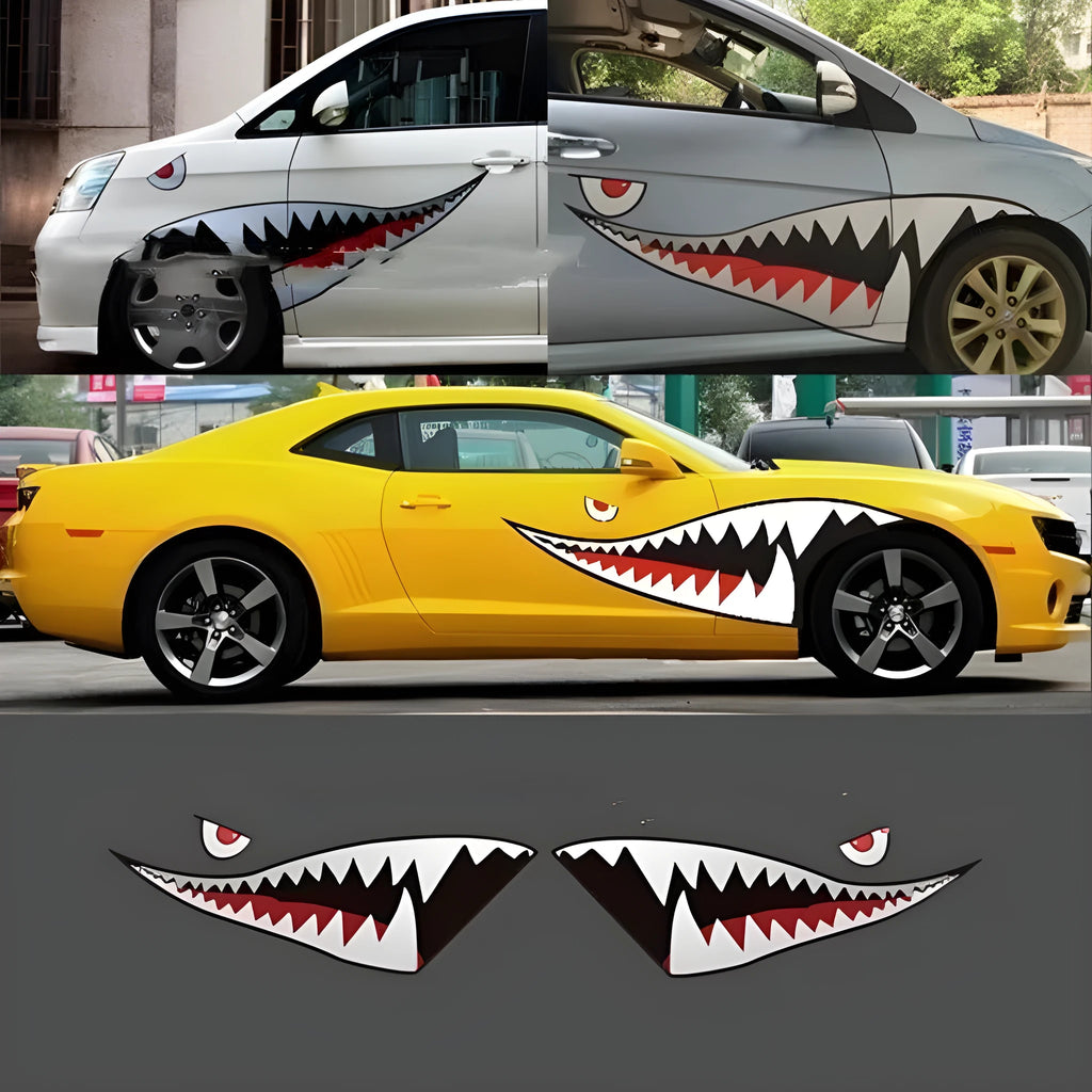 Shark design PVC car body sticker shown on a vehicle door, available in two large size options.