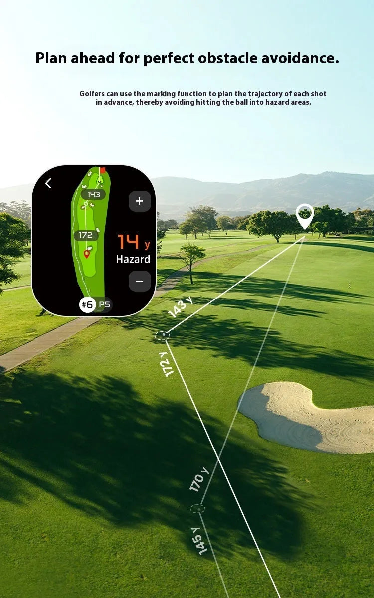 Black GPS rangefinder with AMOLED touch screen display showing distance measurement interface