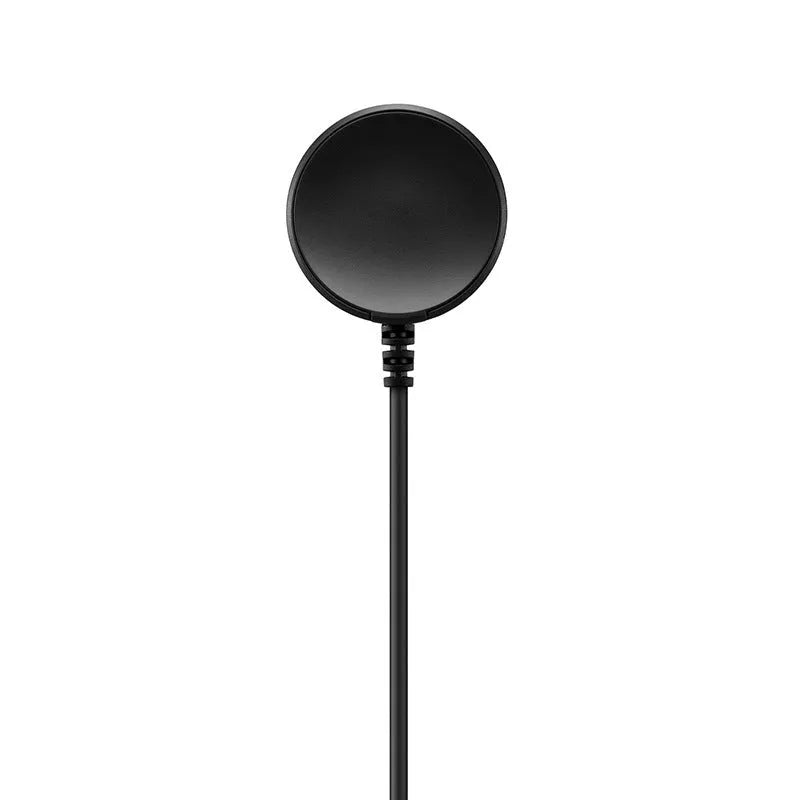 Black plastic USB watch charger with integrated fast charging cable measuring 34mm