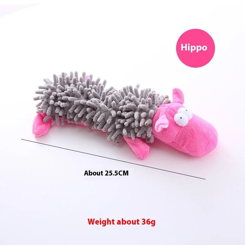 Plush microfibre dog toy with horse molar texture in various animal designs including brown dog and yellow duck