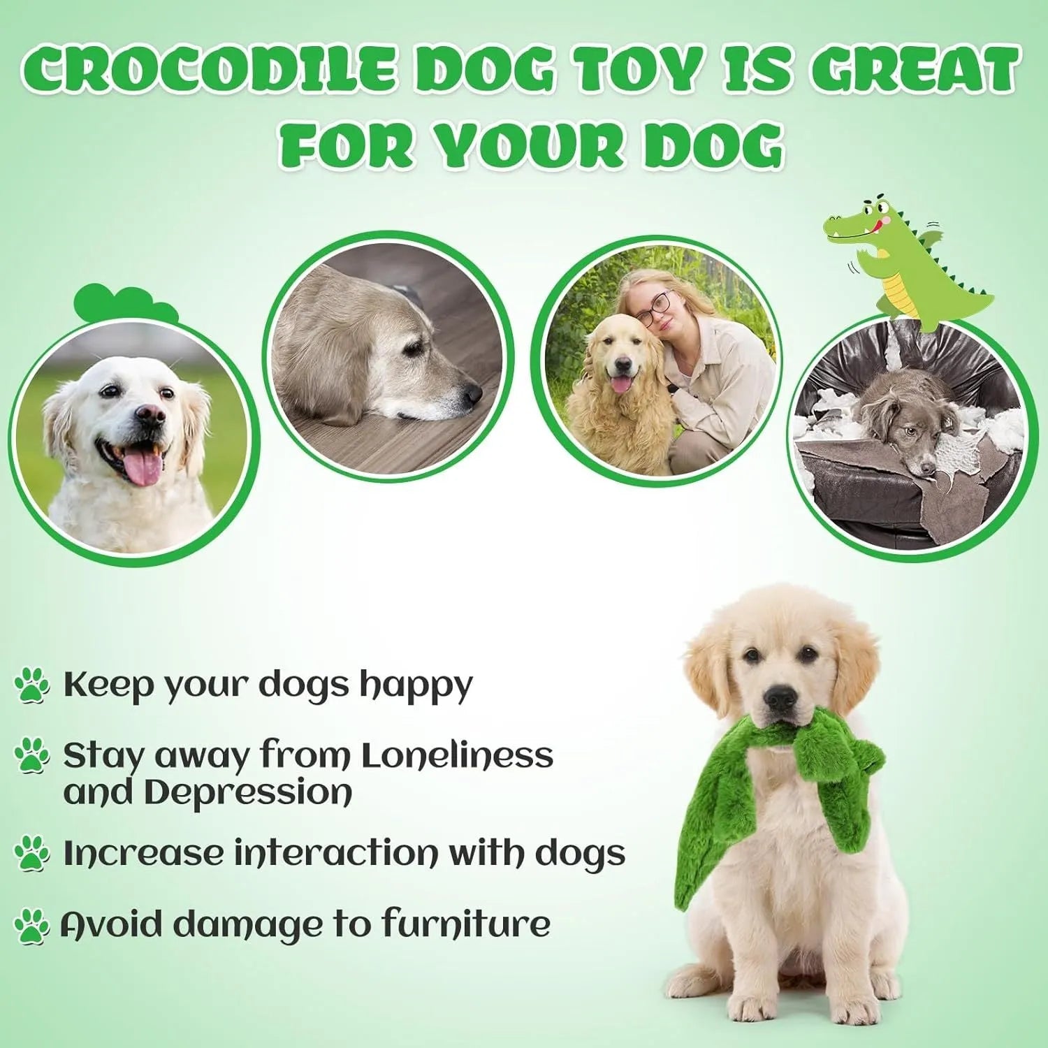 Green crocodile-shaped squeaky dog toy with crinkle paper tail for aggressive chewers