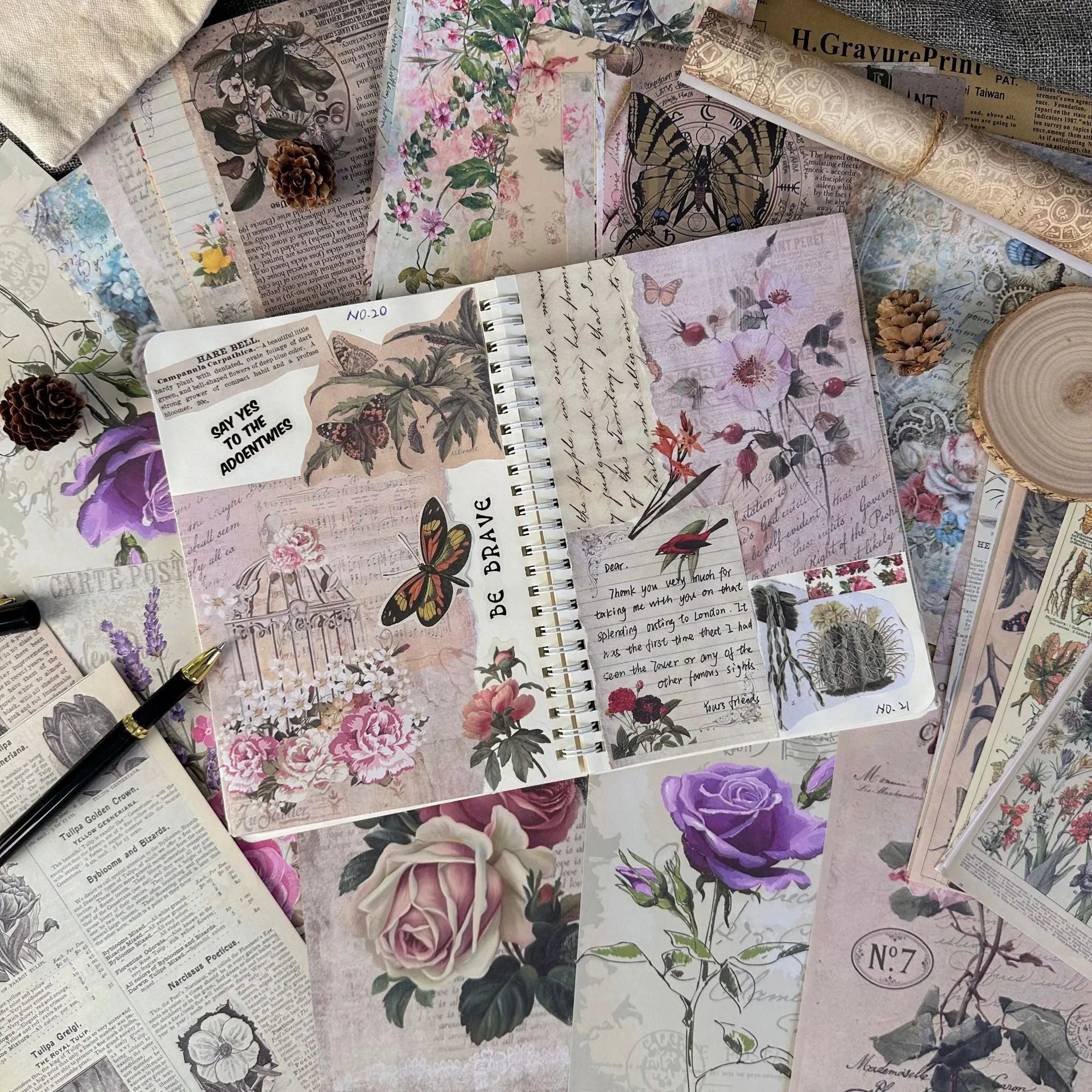 30-piece decorative paper set with retro botanical floral celestial designs for scrapbooking