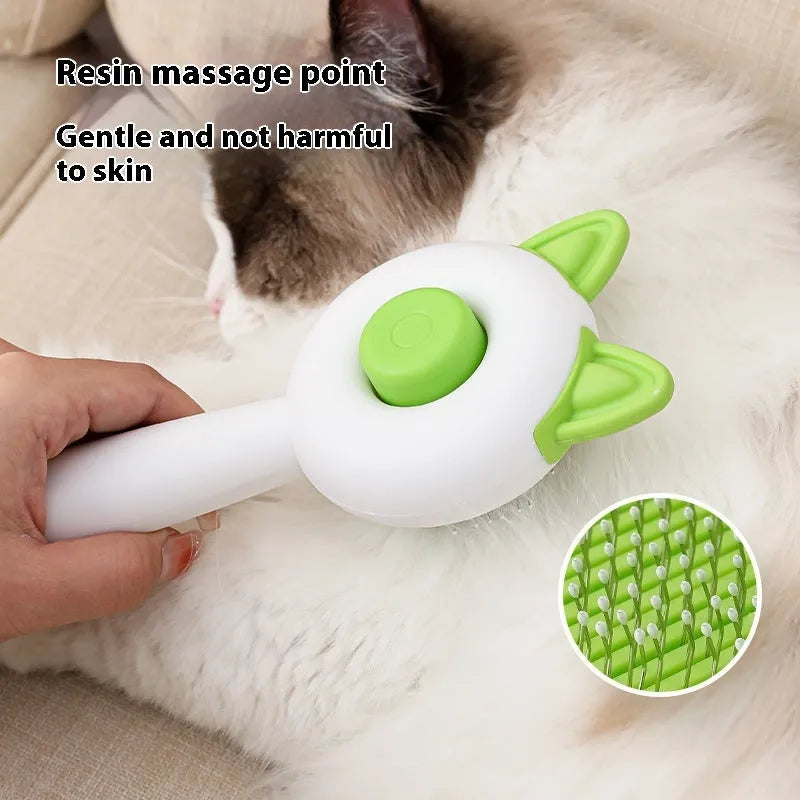 Self-cleaning cat grooming brush with stainless steel teeth and TPR massage nodes in two-tone colours