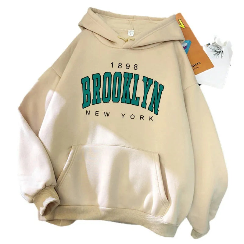 1898 Brooklyn New York printed polyester women hoodie in multiple colours including black, white, and red