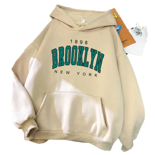 1898 Brooklyn New York printed polyester women hoodie in multiple colours including black, white, and red