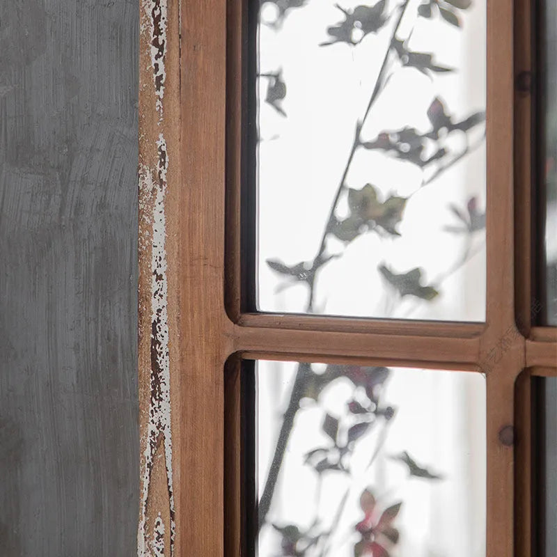 Terrace distressed fake window wall mirror in log colour with wooden glass construction