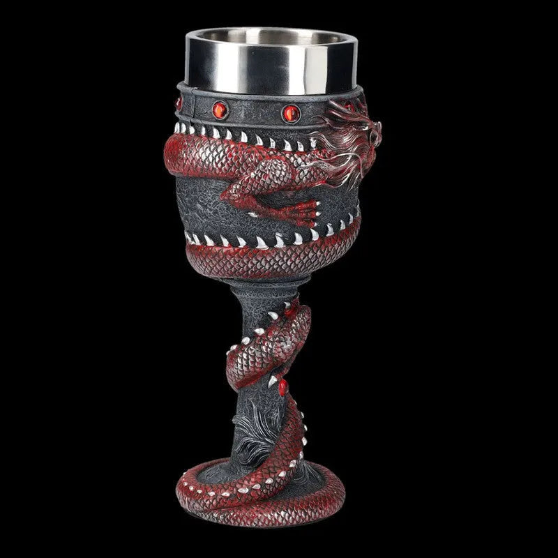 Stainless steel red wine glass with 3D Chinese dragon design in gold colour