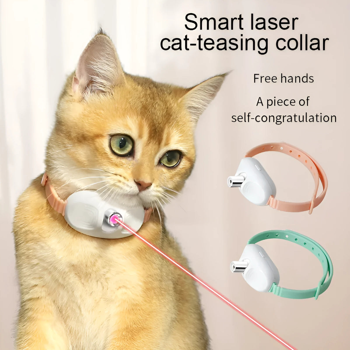 USB rechargeable interactive laser cat teasing collar in green and pink for self entertainment play
