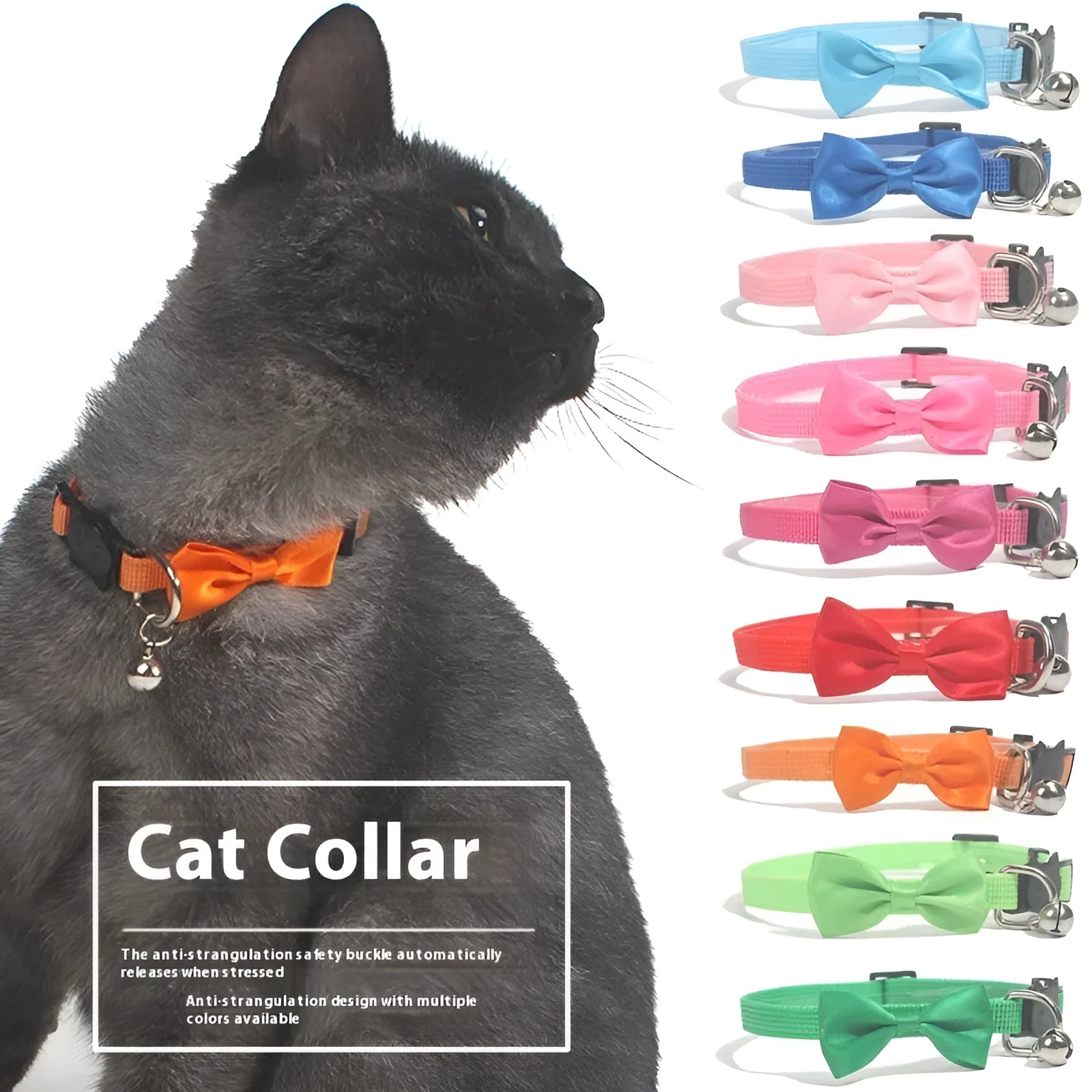 Adjustable nylon cat collar with bell in striped pattern showing multiple colour options