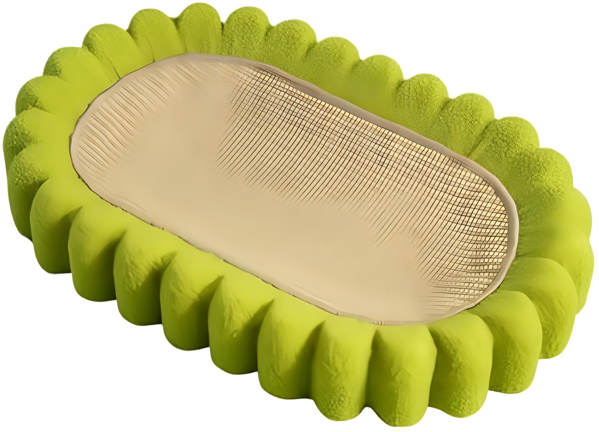 Green oval cat scratch pad and lounger bed made from sisal fabric.
