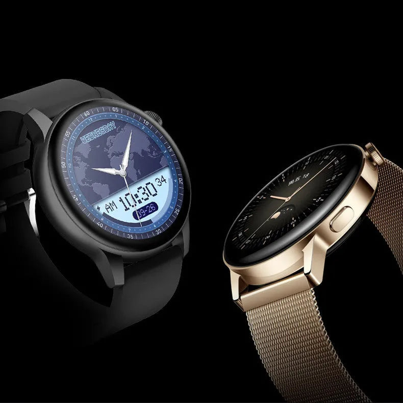 Stainless steel smart watch with 1.30-inch HD colour screen on wrist.