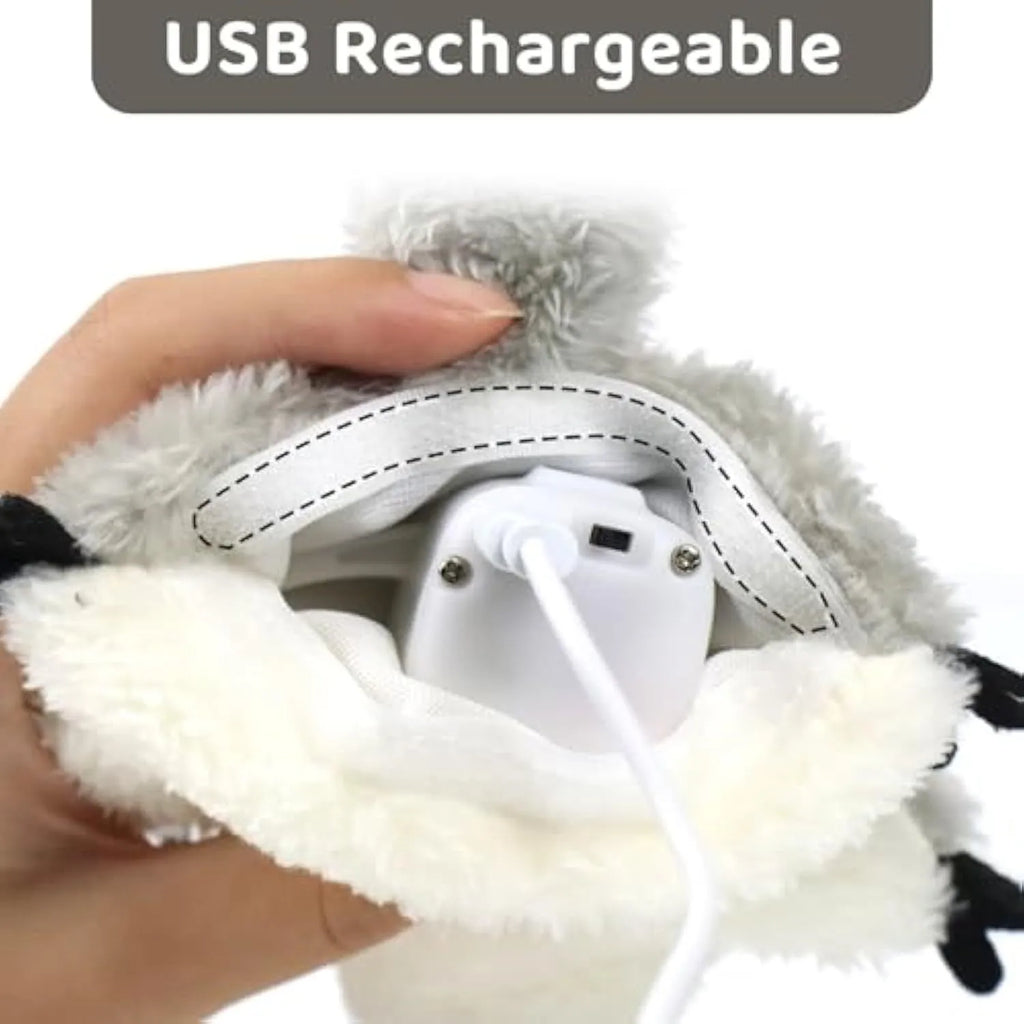 Grey plush squirrel cat toy with flapping wings showing touch-activated motion mechanism