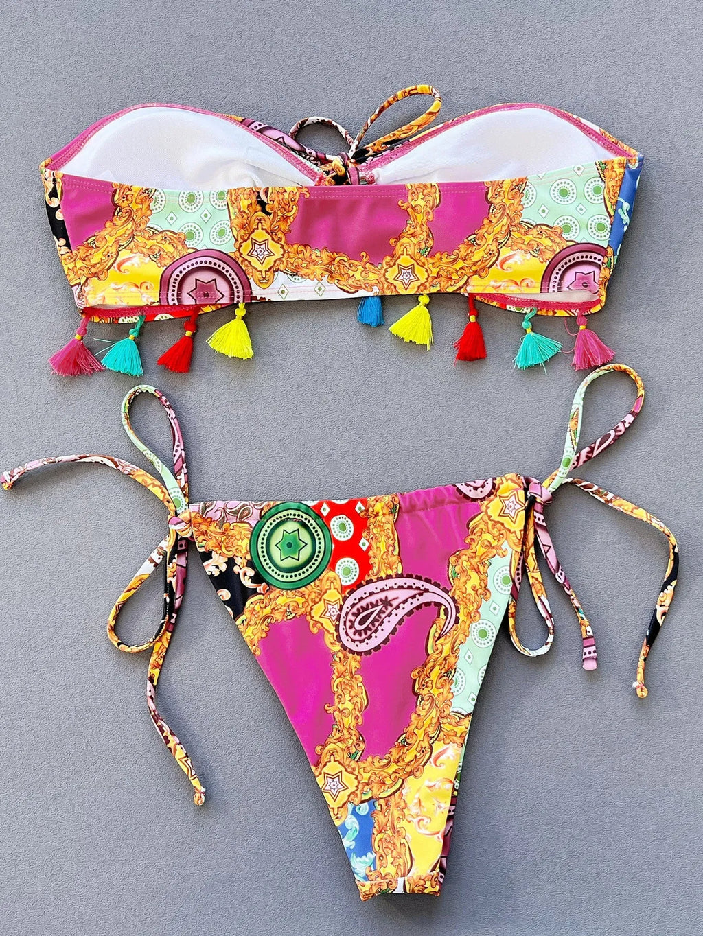 Women's separated tube top bikini set with printing pattern in polyester spandex fabric