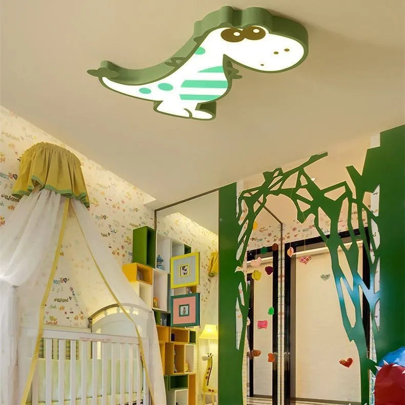 48cm wide ceiling light with a cartoon dinosaur print on a white PVC shade and a silver aluminium body.