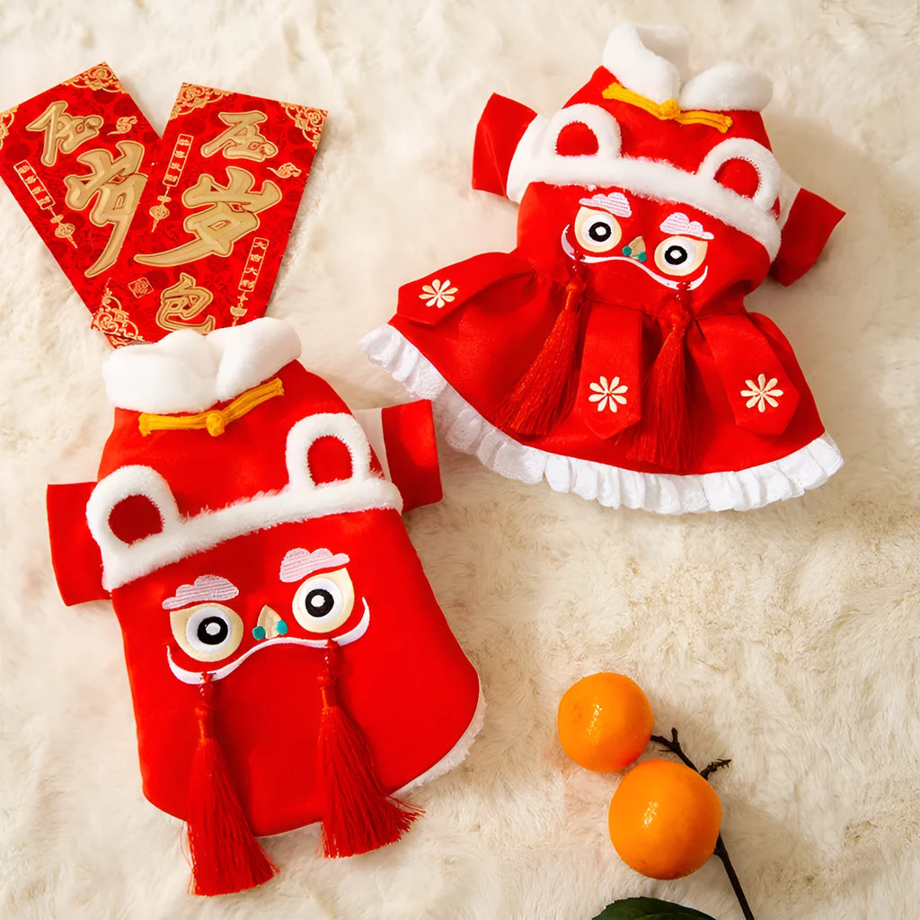Lion dance pet costume cotton-padded red dog and cat warm clothing with tassels